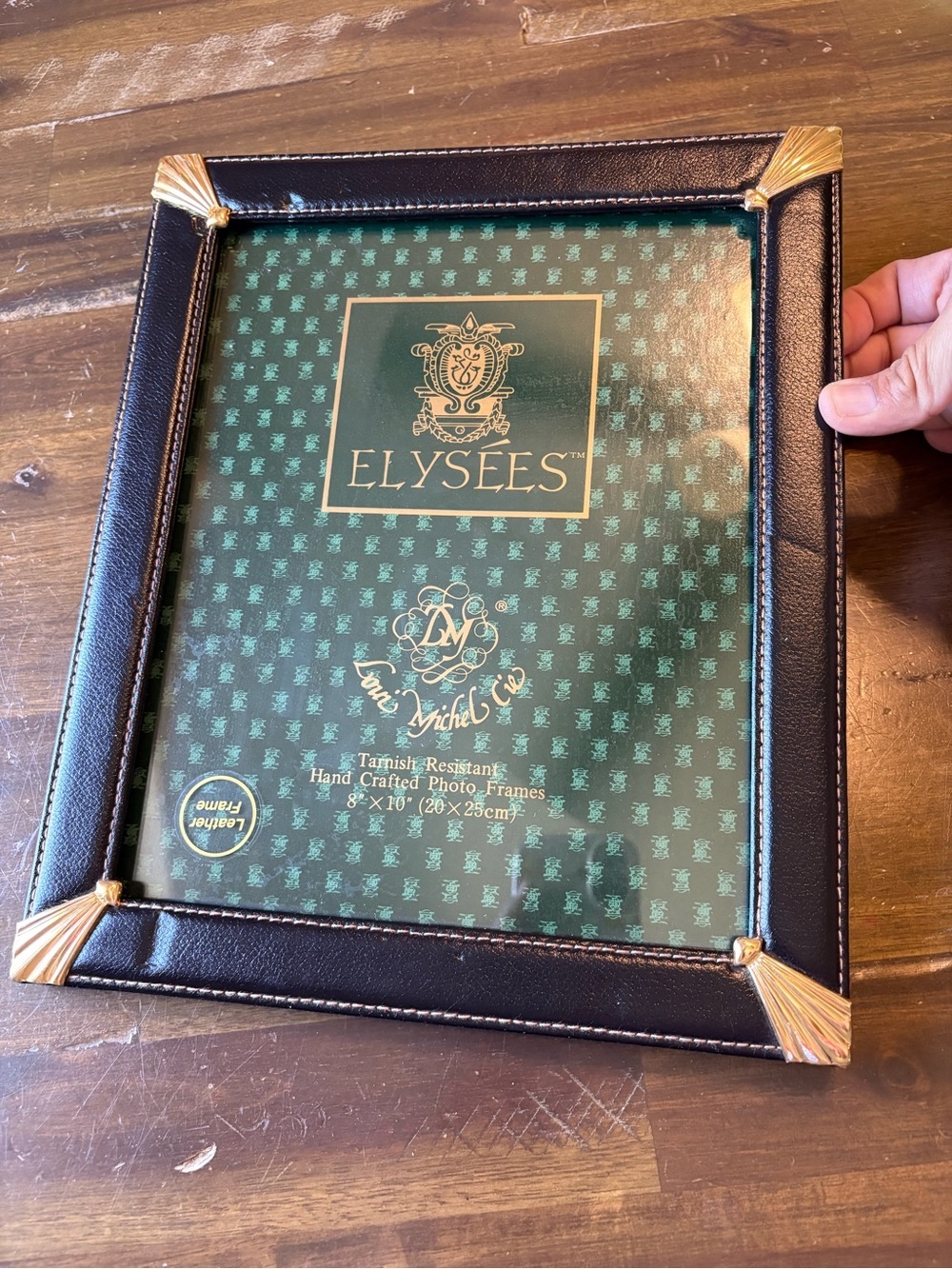 Elysées Loui Michel Cie Black Leather Picture Frame Gold Brass Vintage 8X10 Lux
